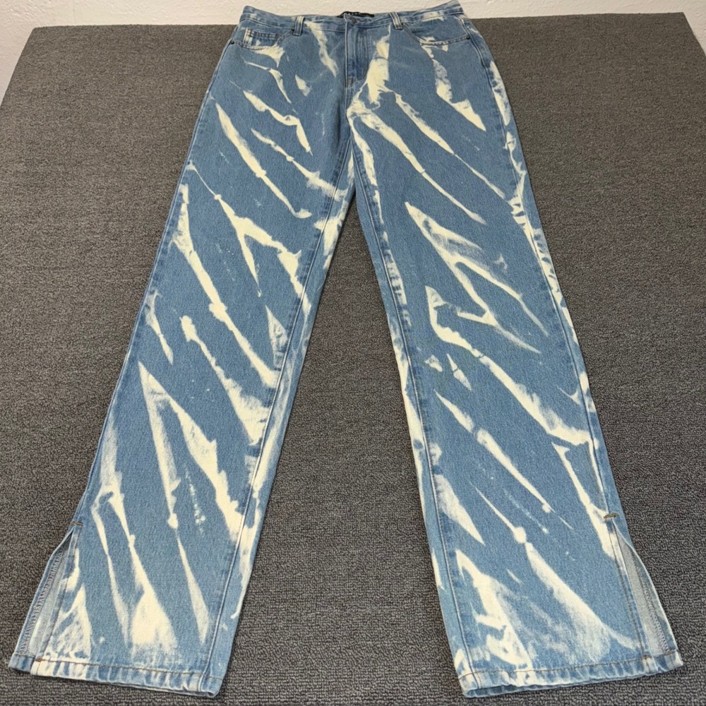 Lioness High Rise Bleach Wash Straight Leg Jeans‎ Blue White Size L Slit Hem